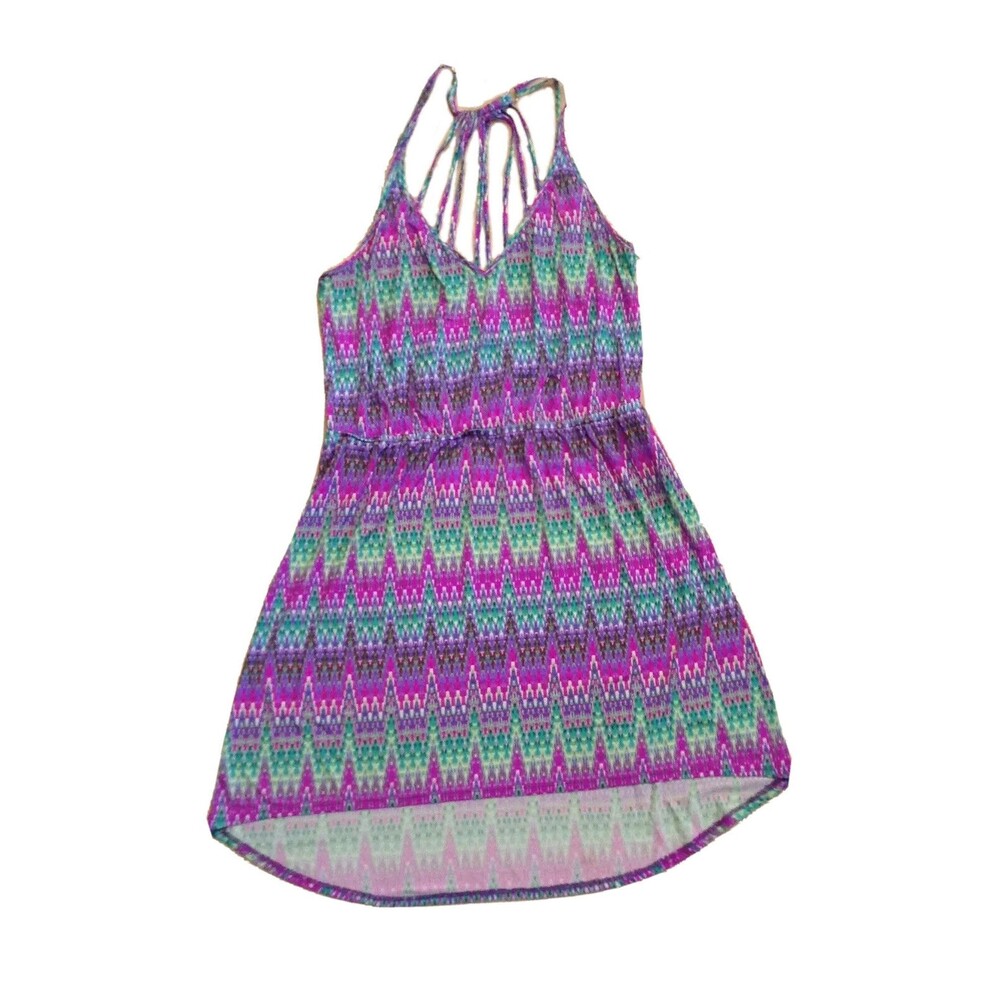 Boho Ikat Geometric Strappy Cage Back High Low‎ Mini Dress Purple Teal Pink